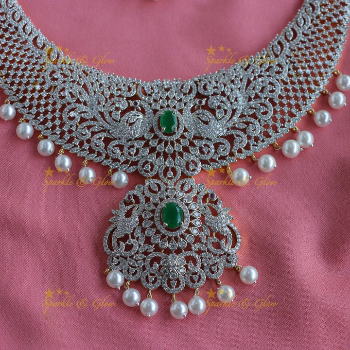Elegant Dancing peacock floral design GJ polish Semi bridal set with tikka - Green - Sparkle and Glow - Back Thread - 