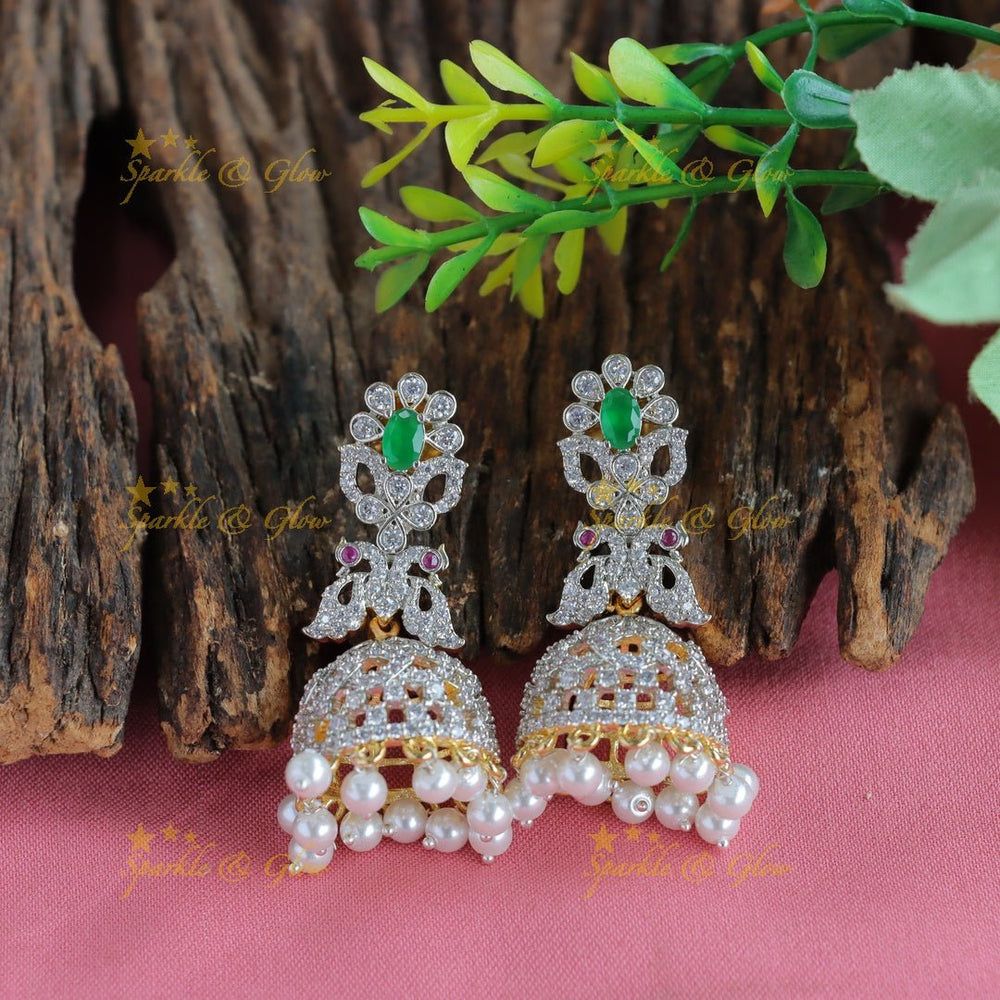 Elegant Dancing peacock floral design GJ polish Semi bridal set with tikka - Green - Sparkle and Glow - Back Thread - 