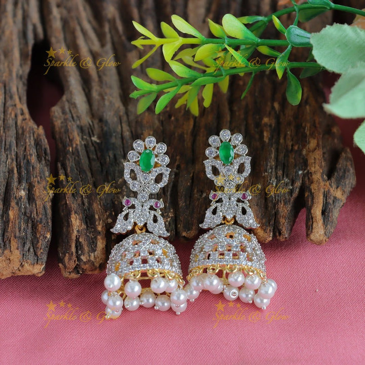Elegant Dancing peacock floral design GJ polish Semi bridal set with tikka - Green - Sparkle and Glow - Back Thread - 
