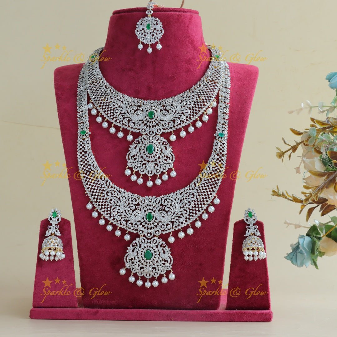 Elegant Dancing peacock floral design GJ polish Semi bridal set with tikka - Green - Sparkle and Glow - Back Thread - 