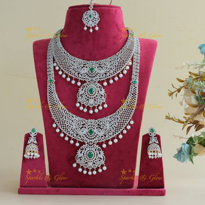 Elegant Dancing peacock floral design GJ polish Semi bridal set with tikka - Green - Sparkle and Glow - Back Thread - 