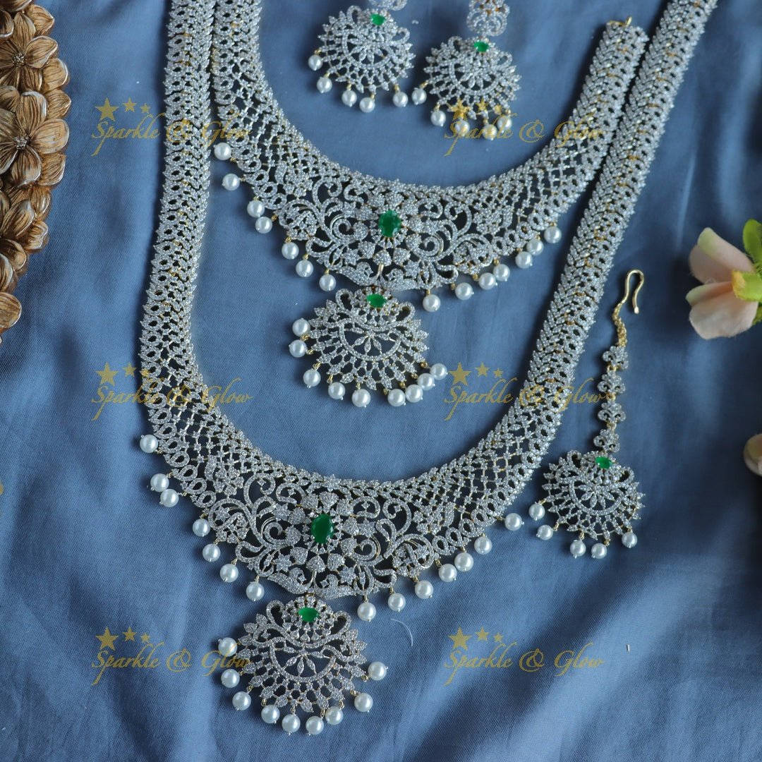 Sparkling Floral Leaf design GJ polish Semi bridal set with tikka - Green - Sparkle and Glow - Back Thread - 