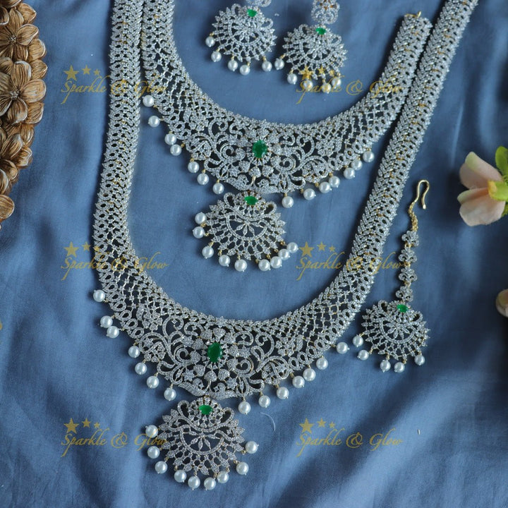 Sparkling Floral Leaf design GJ polish Semi bridal set with tikka - Green - Sparkle and Glow - Back Thread - 