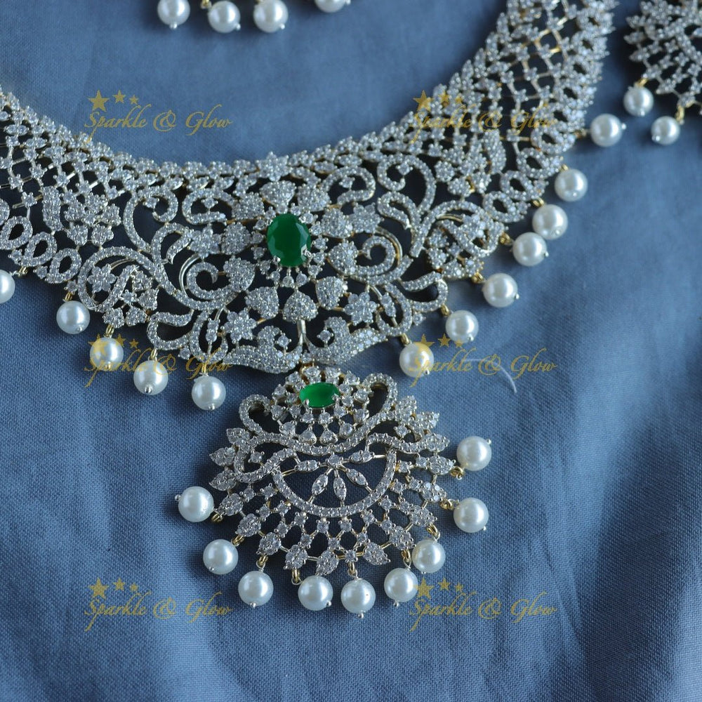 Sparkling Floral Leaf design GJ polish Semi bridal set with tikka - Green - Sparkle and Glow - Back Thread - 