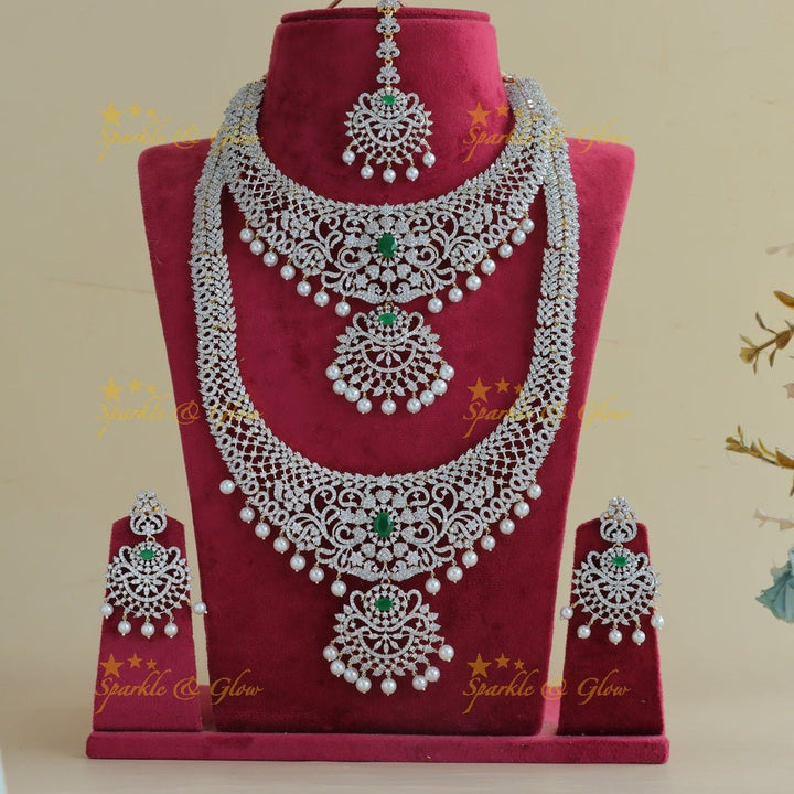 Sparkling Floral Leaf design GJ polish Semi bridal set with tikka - Green - Sparkle and Glow - Back Thread - 