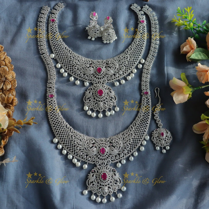 Elegant Dancing peacock floral design AD silver finish Semi bridal set with tikka - Ruby - Sparkle and Glow - Back Thread - 