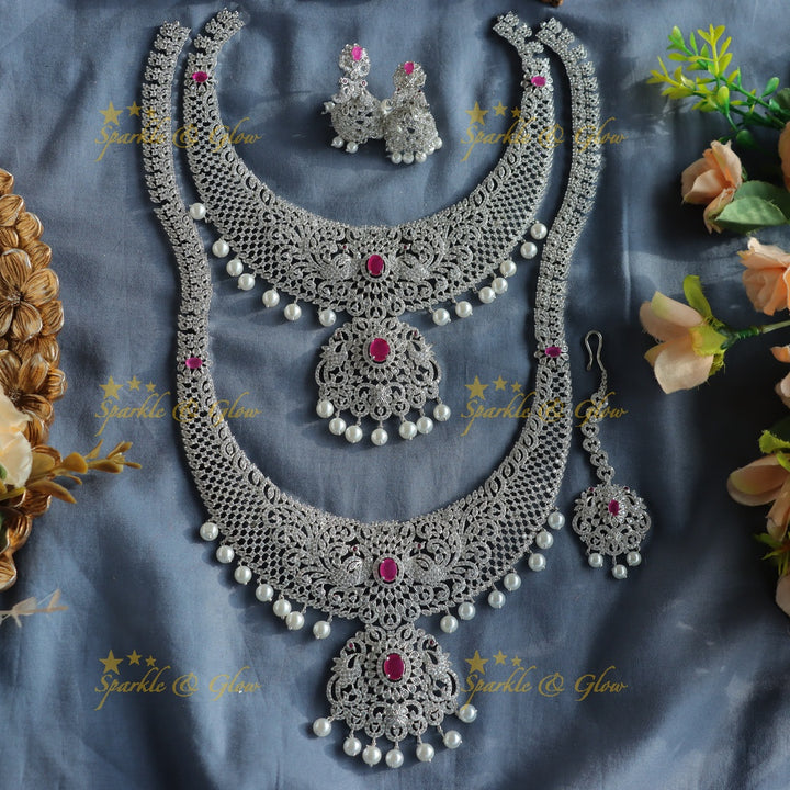 Elegant Dancing peacock floral design AD silver finish Semi bridal set with tikka-Green