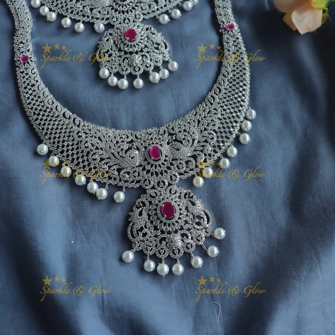 Elegant Dancing peacock floral design AD silver finish Semi bridal set with tikka - Ruby - Sparkle and Glow - Back Thread - 
