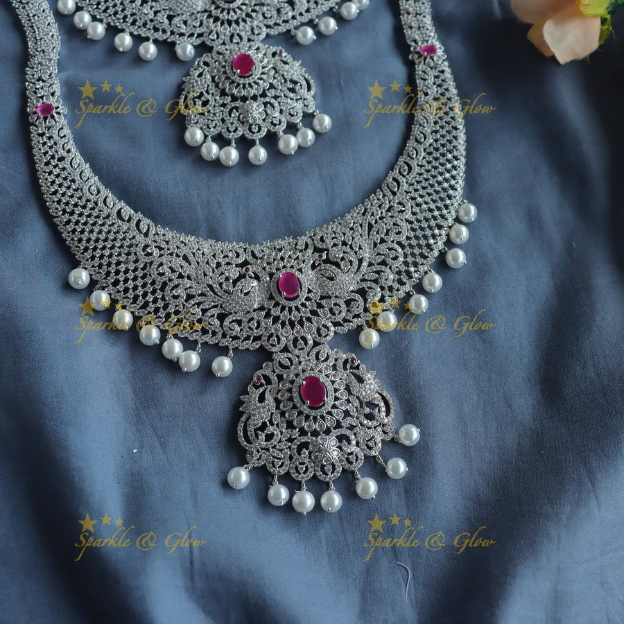 Elegant Dancing peacock floral design AD silver finish Semi bridal set with tikka - Ruby - Sparkle and Glow - Back Thread - 