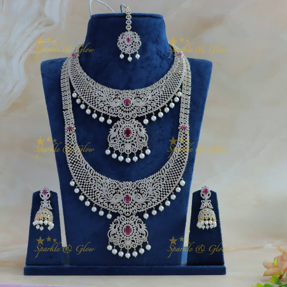 Elegant Dancing peacock floral design AD silver finish Semi bridal set with tikka - Ruby - Sparkle and Glow - Back Thread - 