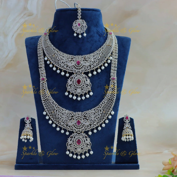 Elegant Dancing peacock floral design AD silver finish Semi bridal set with tikka - Ruby - Sparkle and Glow - Back Thread - 