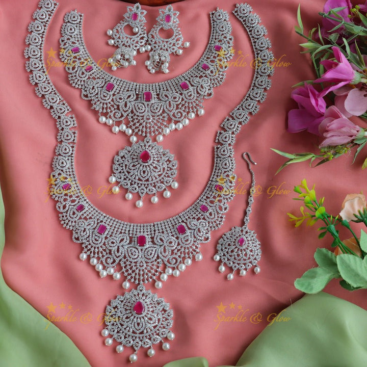 Beautiful heavy look Mango Floral design AD silver finish semi bridal set - Ruby - Sparkle and Glow - Back Thread - 
