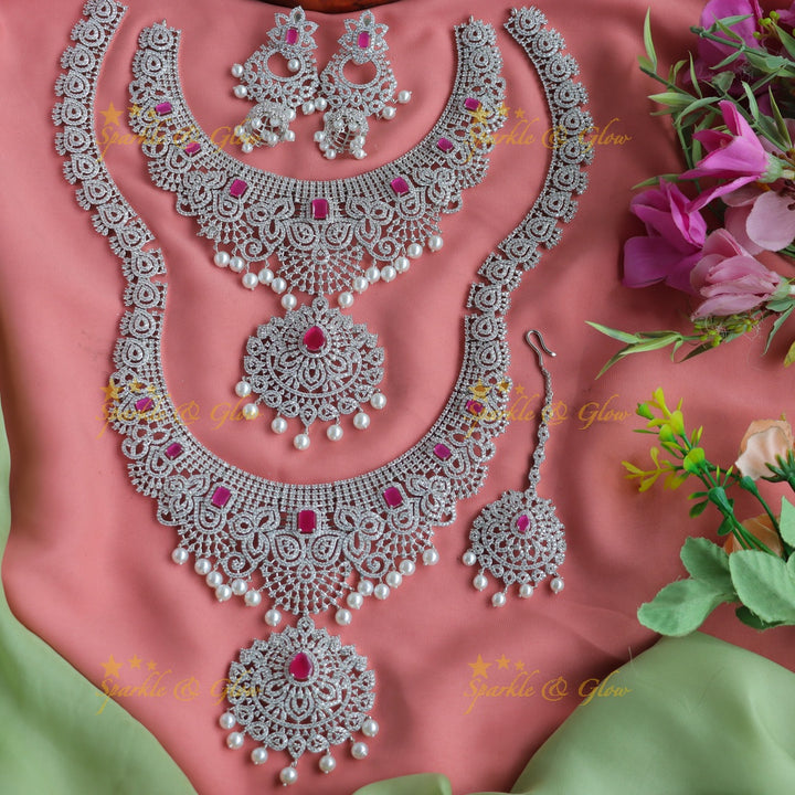 Beautiful heavy look Mango Floral design AD silver finish semi bridal set-Green