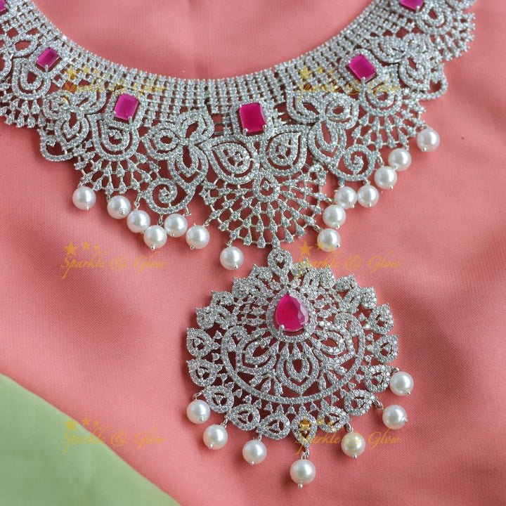 Beautiful heavy look Mango Floral design AD silver finish semi bridal set - Ruby - Sparkle and Glow - Back Thread - 