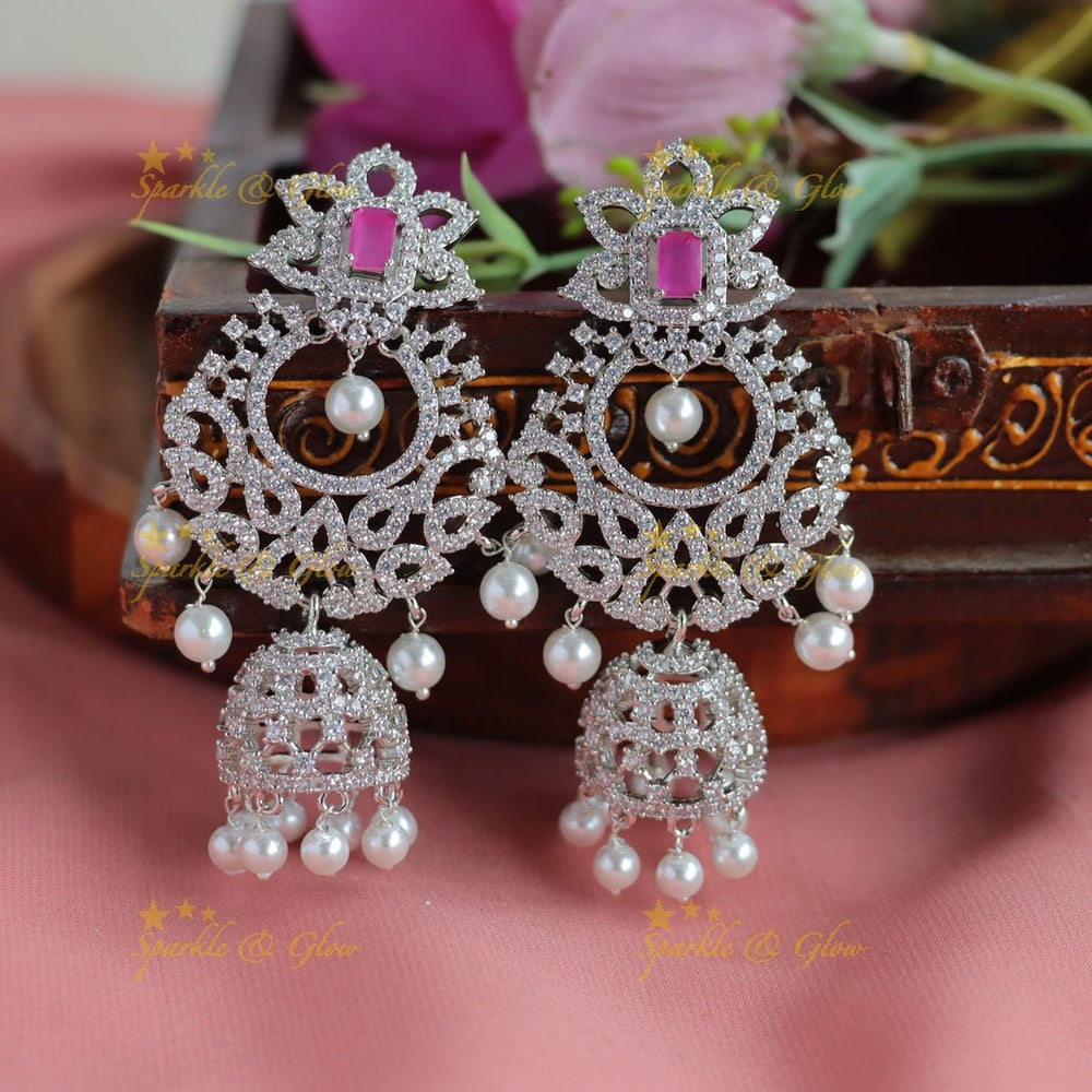 Beautiful heavy look Mango Floral design AD silver finish semi bridal set - Ruby - Sparkle and Glow - Back Thread - 