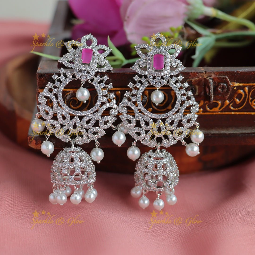 Beautiful heavy look Mango Floral design AD silver finish semi bridal set - Ruby - Sparkle and Glow - Back Thread - 