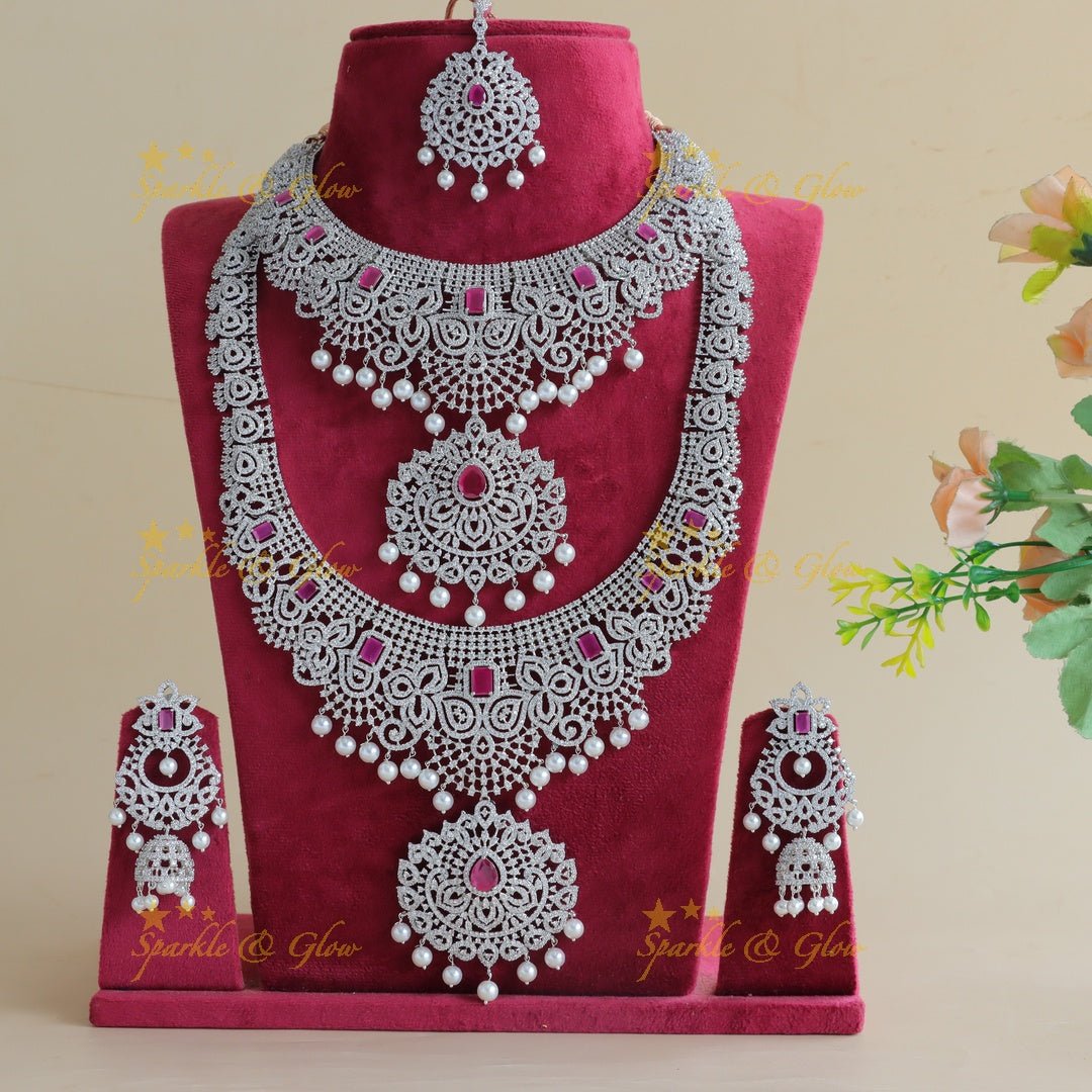Beautiful heavy look Mango Floral design AD silver finish semi bridal set - Ruby - Sparkle and Glow - Back Thread - 