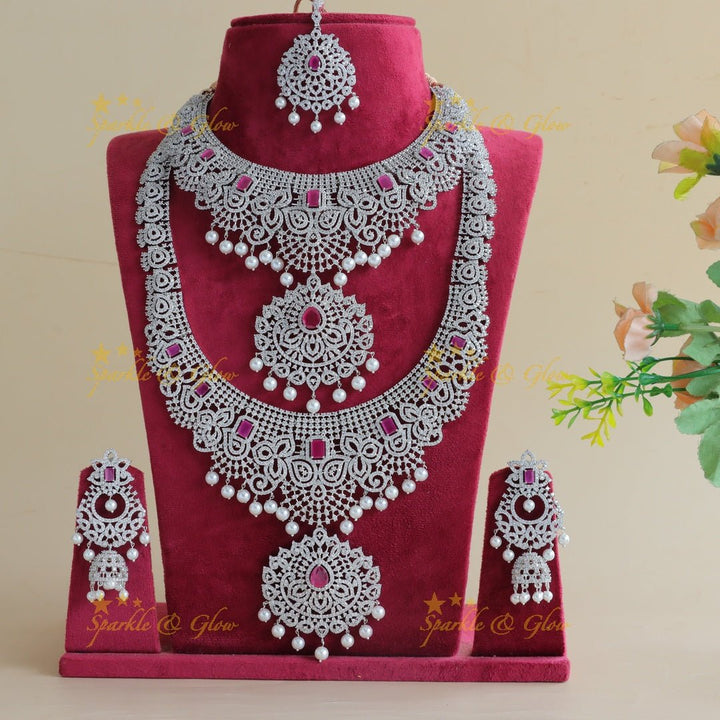 Beautiful heavy look Mango Floral design AD silver finish semi bridal set - Ruby - Sparkle and Glow - Back Thread - 