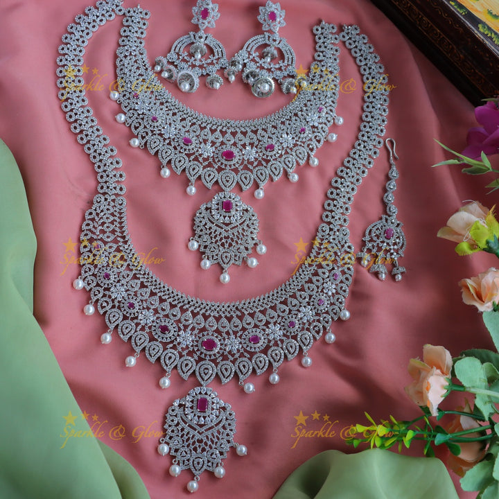 Grand Mango Floral design AD silver finish semi bridal set with tikka-Ruby