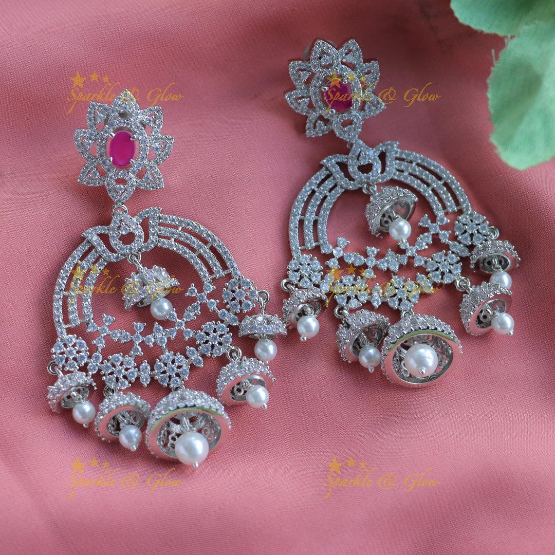 Grand Mango Floral design AD silver finish semi bridal set with tikka-Ruby