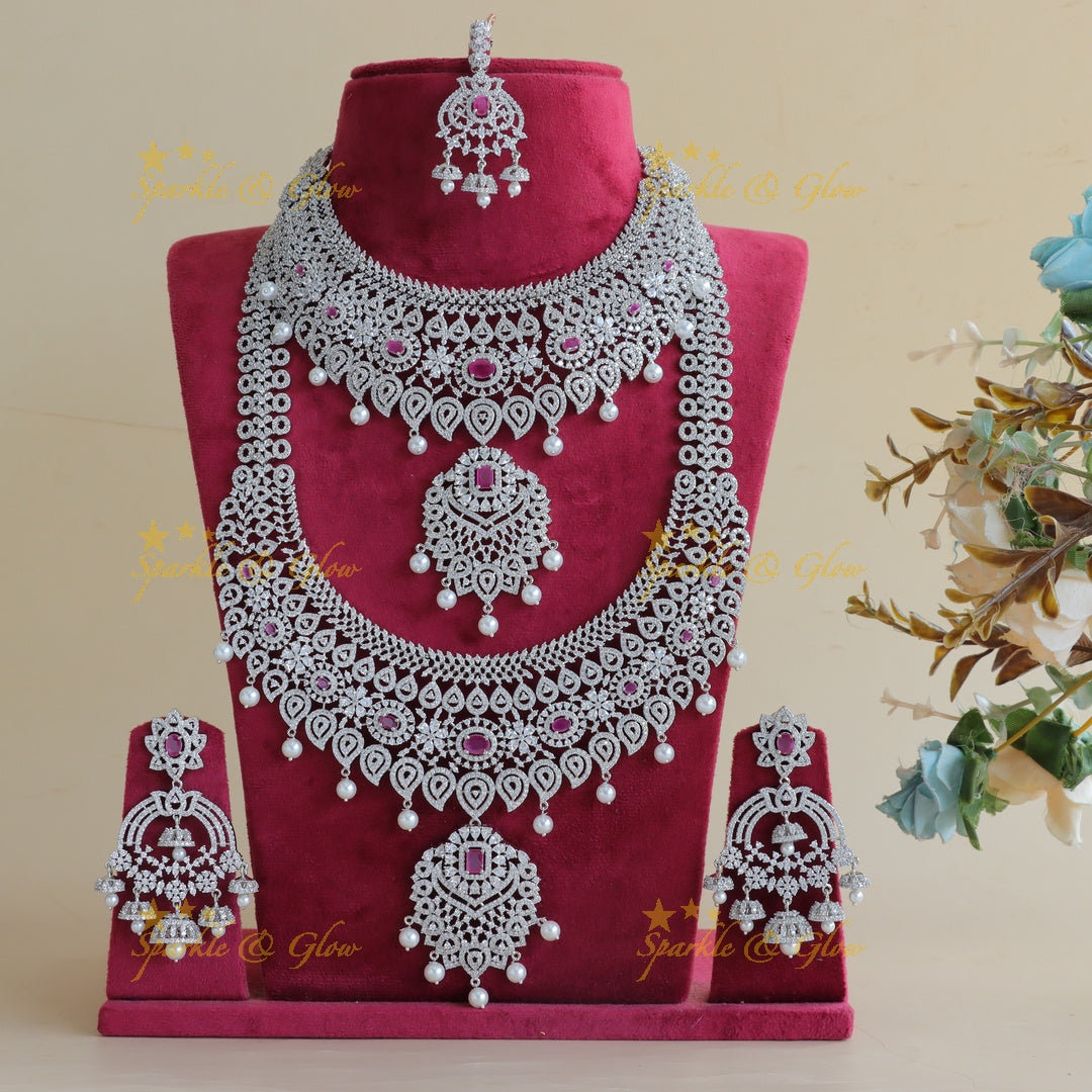 Grand Mango Floral design AD silver finish semi bridal set with tikka-Ruby