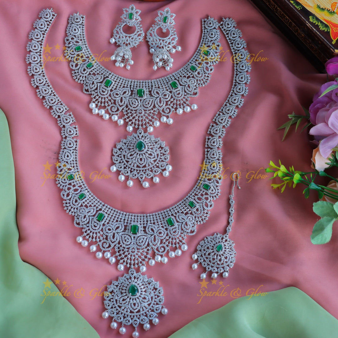 Beautiful heavy look Mango Floral design AD silver finish semi bridal set-Green