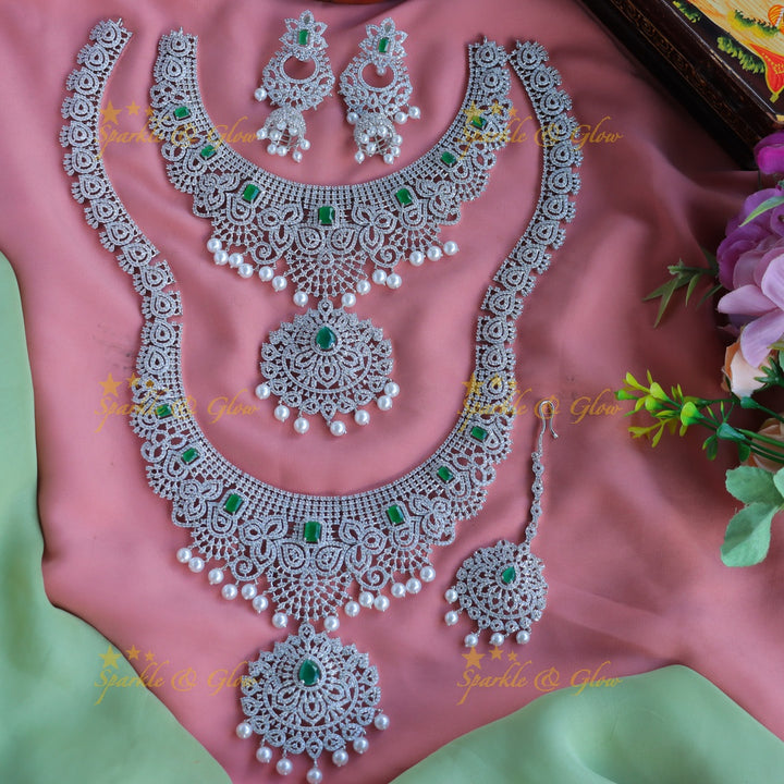 Beautiful heavy look Mango Floral design AD silver finish semi bridal set-Green
