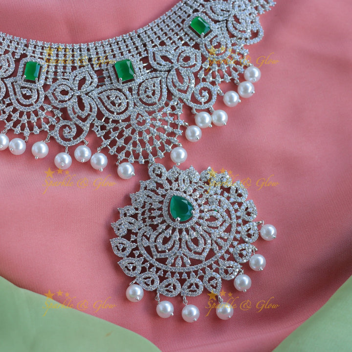 Beautiful heavy look Mango Floral design AD silver finish semi bridal set-Green
