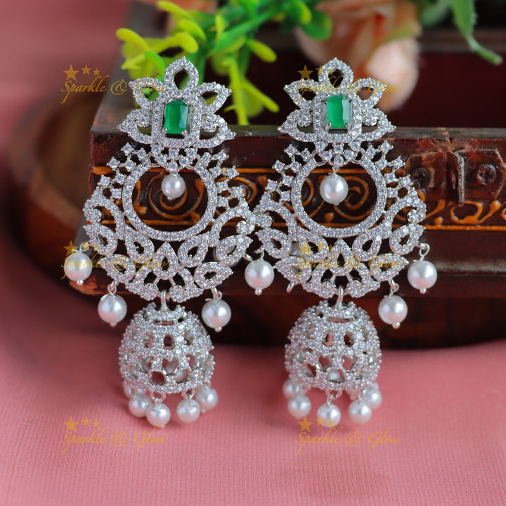 Beautiful heavy look Mango Floral design AD silver finish semi bridal set-Green