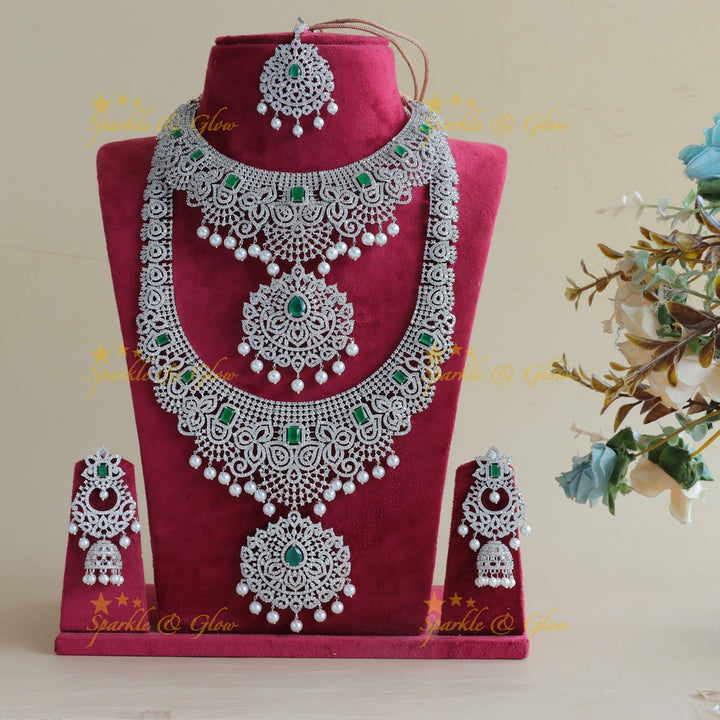 Beautiful heavy look Mango Floral design AD silver finish semi bridal set-Green