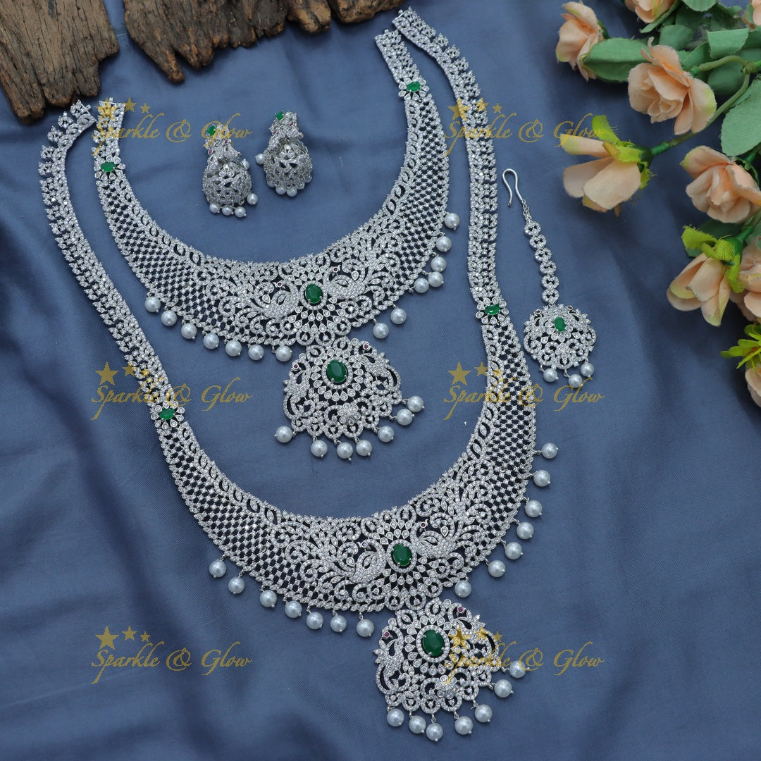 Elegant Dancing peacock floral design AD silver finish Semi bridal set with tikka-Green