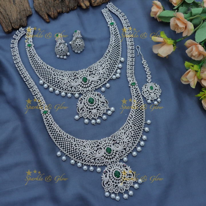 Elegant Dancing peacock floral design AD silver finish Semi bridal set with tikka-Green
