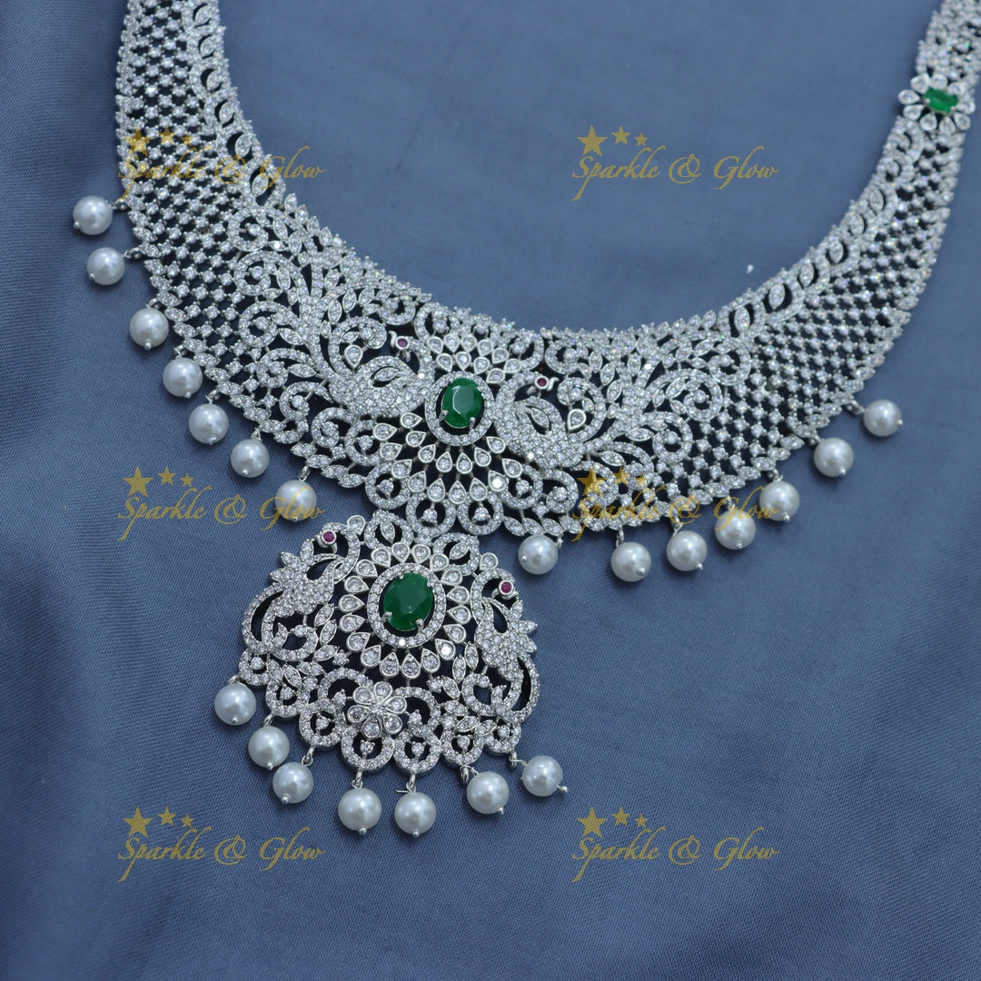 Elegant Dancing peacock floral design AD silver finish Semi bridal set with tikka-Green