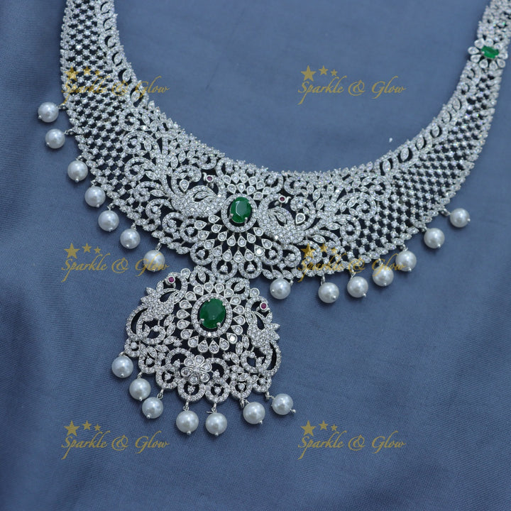 Elegant Dancing peacock floral design AD silver finish Semi bridal set with tikka-Green