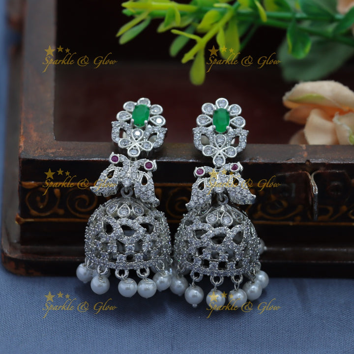 Elegant Dancing peacock floral design AD silver finish Semi bridal set with tikka-Green