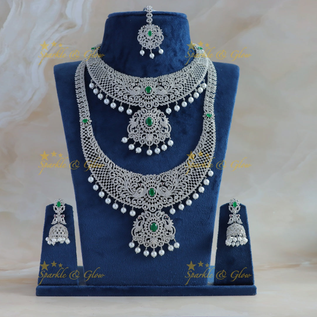 Elegant Dancing peacock floral design AD silver finish Semi bridal set with tikka-Green
