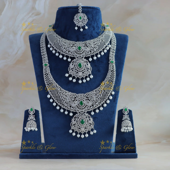 Elegant Dancing peacock floral design AD silver finish Semi bridal set with tikka-Green