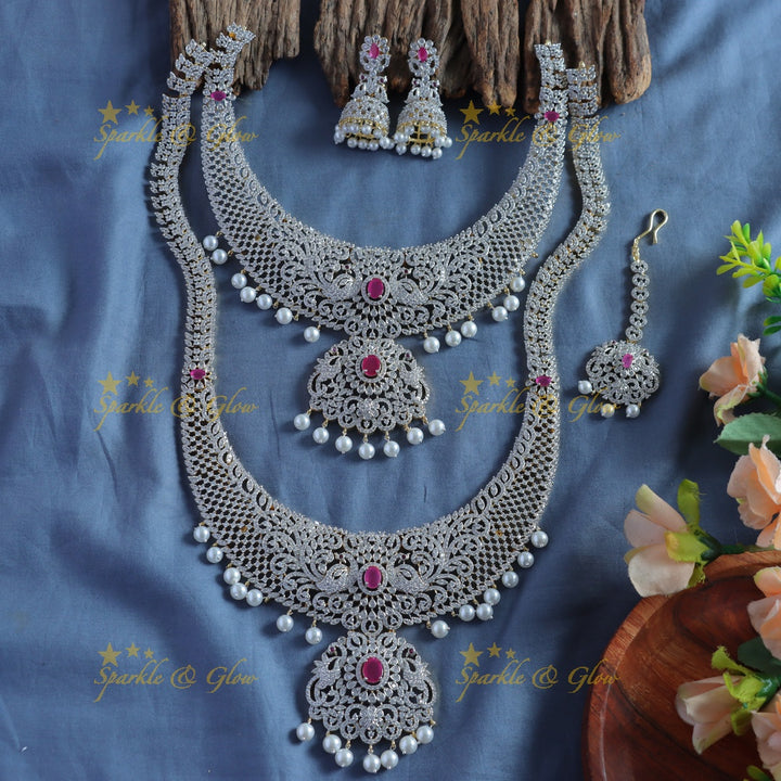 Elegant Dancing peacock floral design GJ polish Semi bridal set with tikka-Ruby