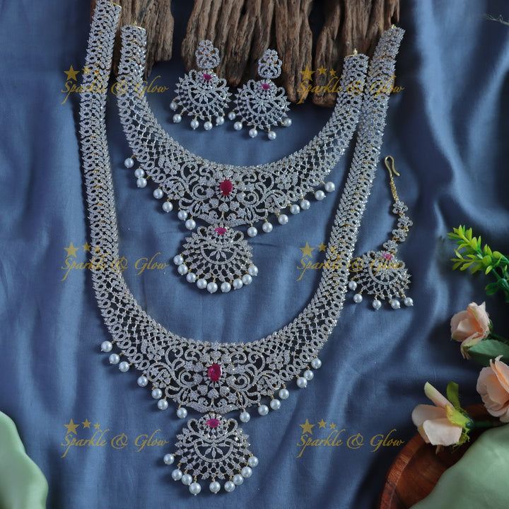 Sparkling Floral Leaf design GJ polish Semi bridal set with tikka-Ruby