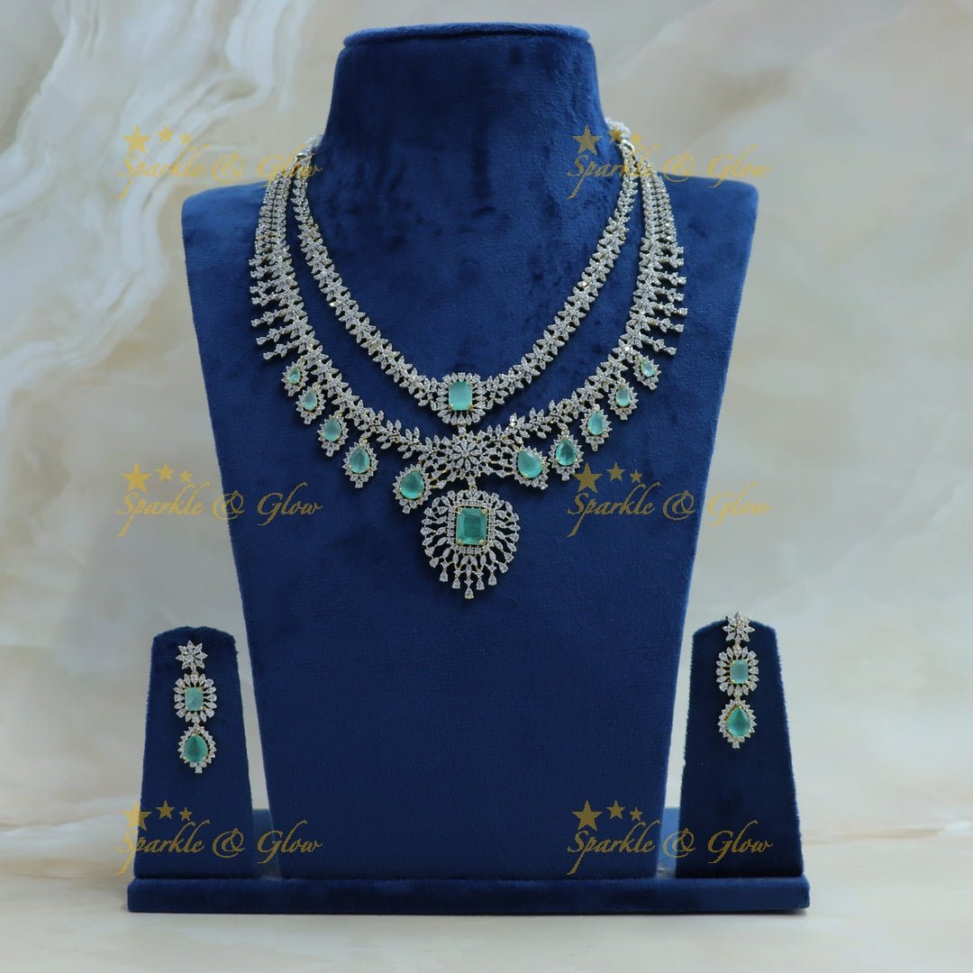 Sparkling Leaf Floral Waterdrop design two Layered American diamond short necklace - Sparkle and Glow - Back Thread - 