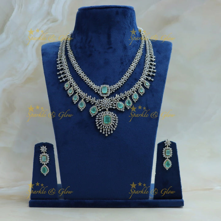 Sparkling Leaf Floral Waterdrop design two Layered American diamond short necklace - Sparkle and Glow - Back Thread - 