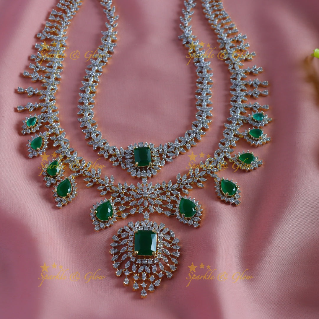 Sparkling Leaf Floral Waterdrop design two Layered American diamond short necklace
