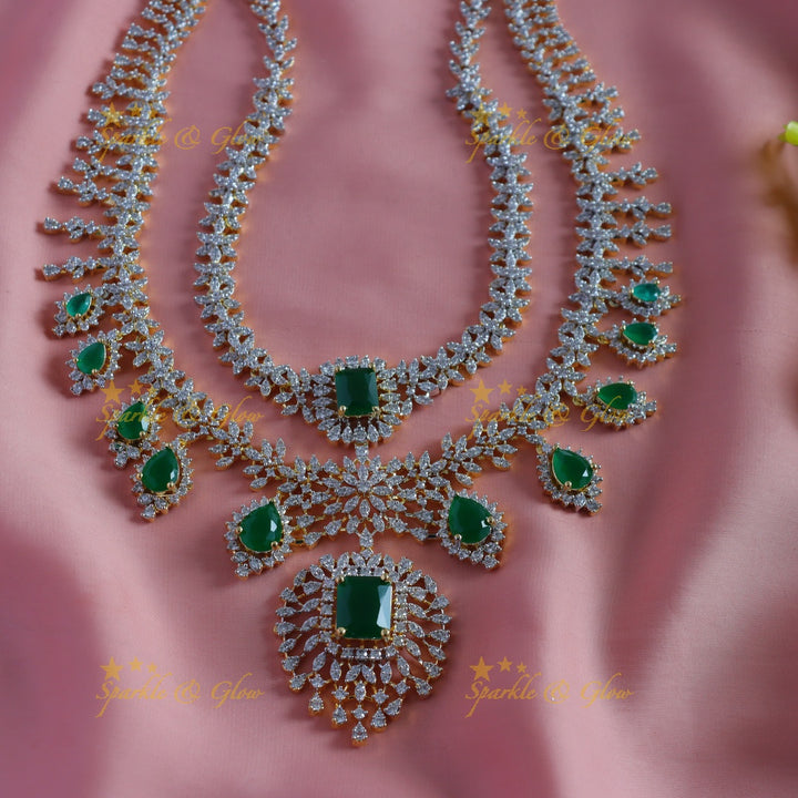 Sparkling Leaf Floral Waterdrop design two Layered American diamond short necklace
