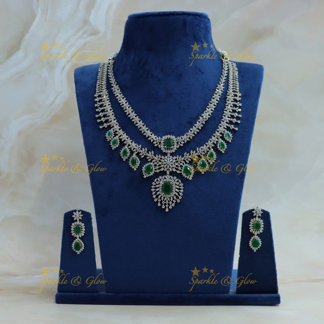 Sparkling Leaf Floral Waterdrop design two Layered American diamond short necklace