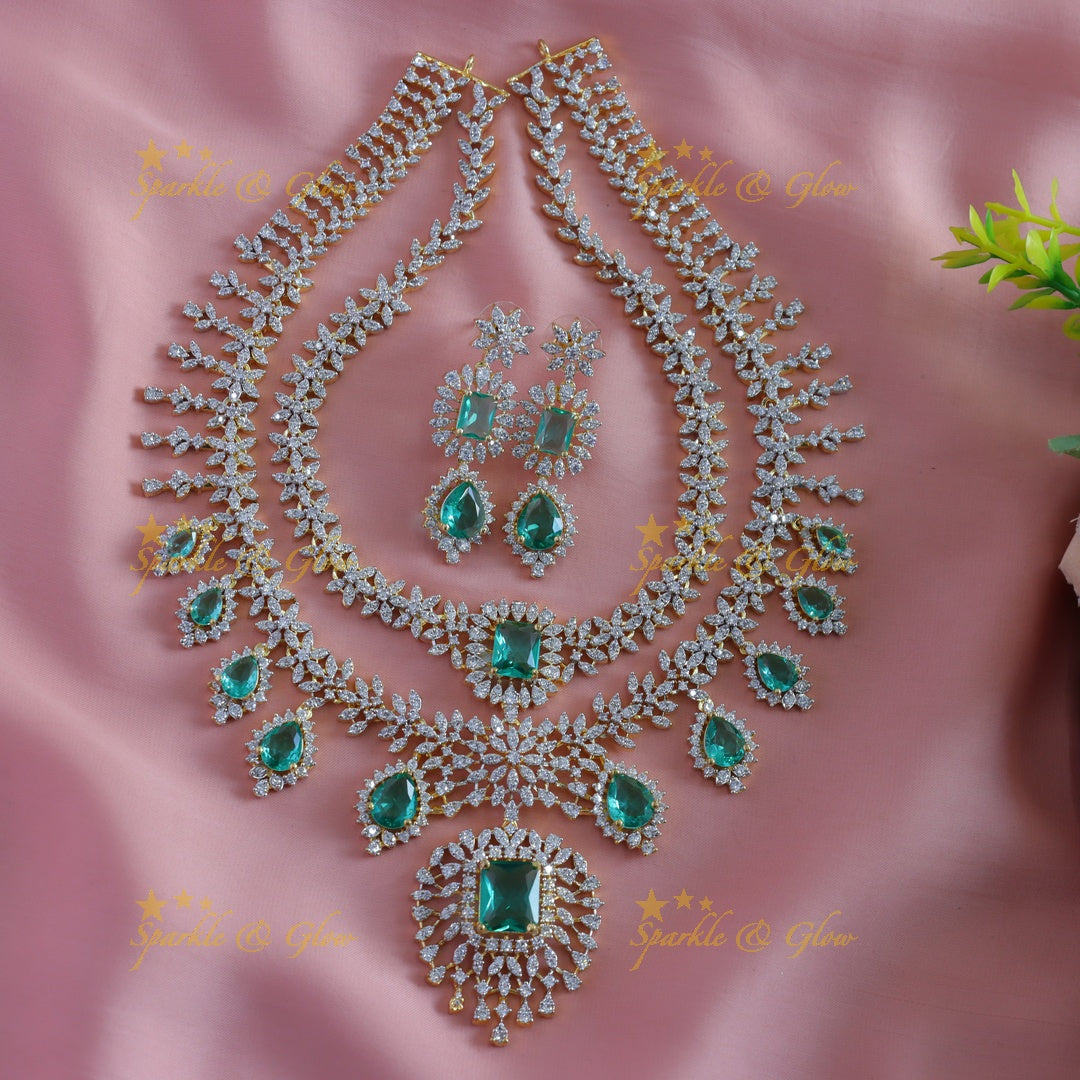 Sparkling Leaf Floral Waterdrop design two Layered American diamond short necklace