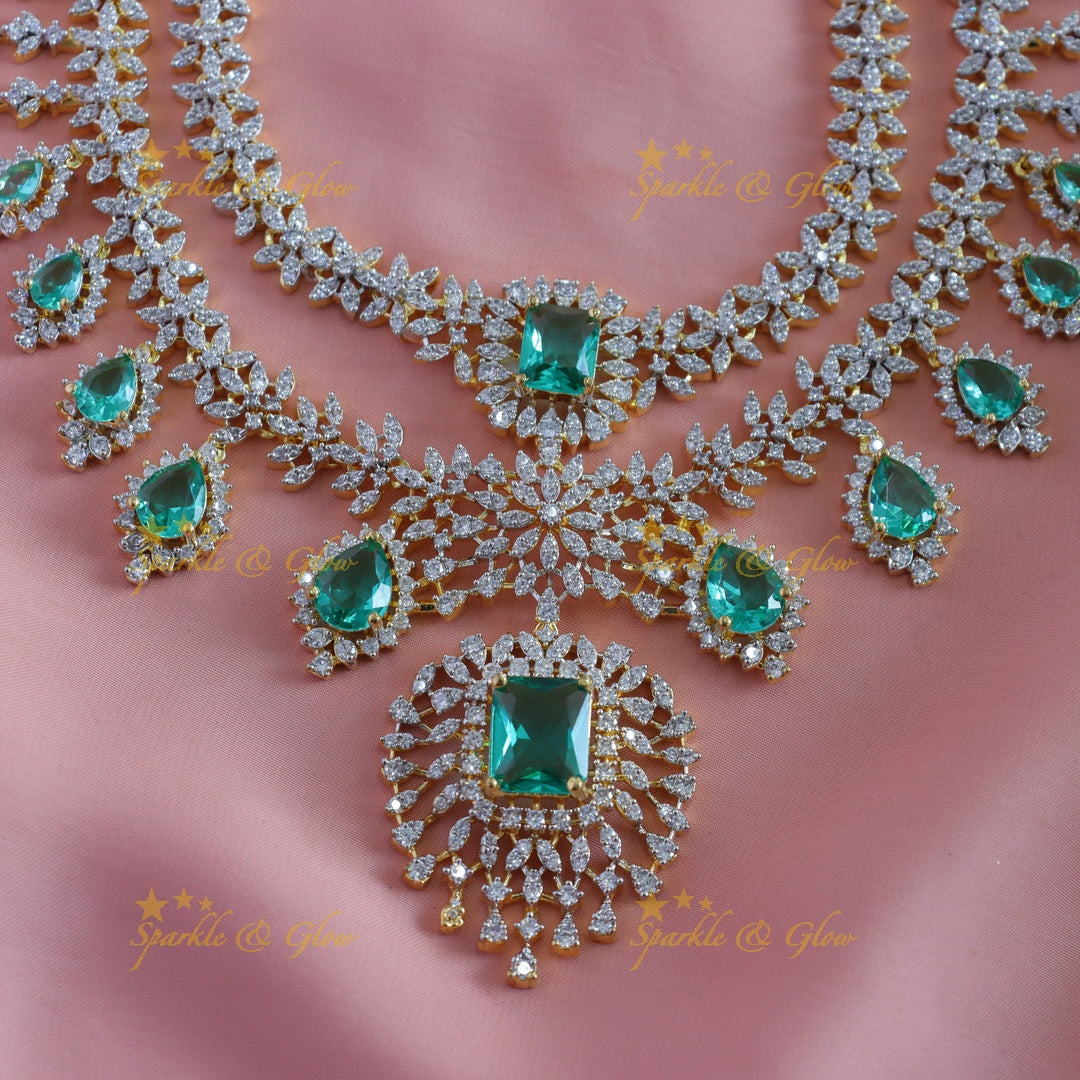 Sparkling Leaf Floral Waterdrop design two Layered American diamond short necklace