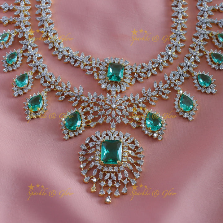 Sparkling Leaf Floral Waterdrop design two Layered American diamond short necklace