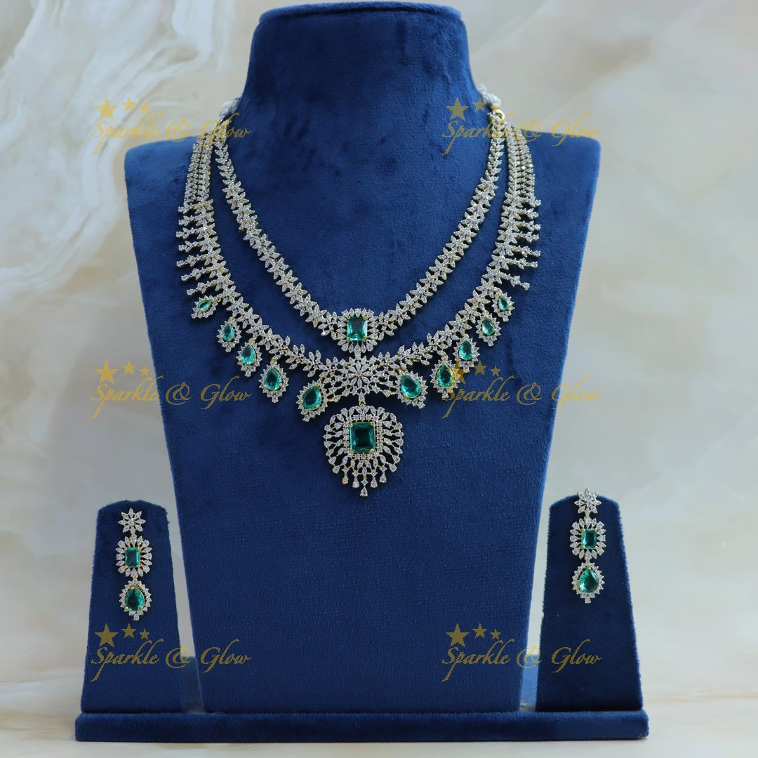 Sparkling Leaf Floral Waterdrop design two Layered American diamond short necklace