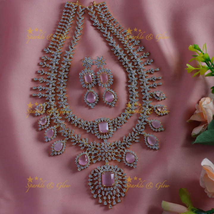 Sparkling Leaf Floral Waterdrop design two Layered American diamond short necklace