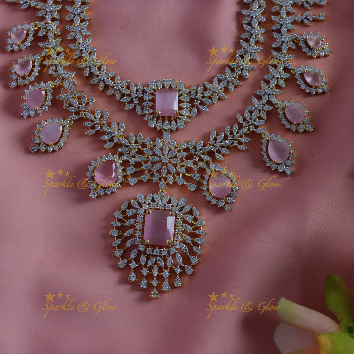 Sparkling Leaf Floral Waterdrop design two Layered American diamond short necklace